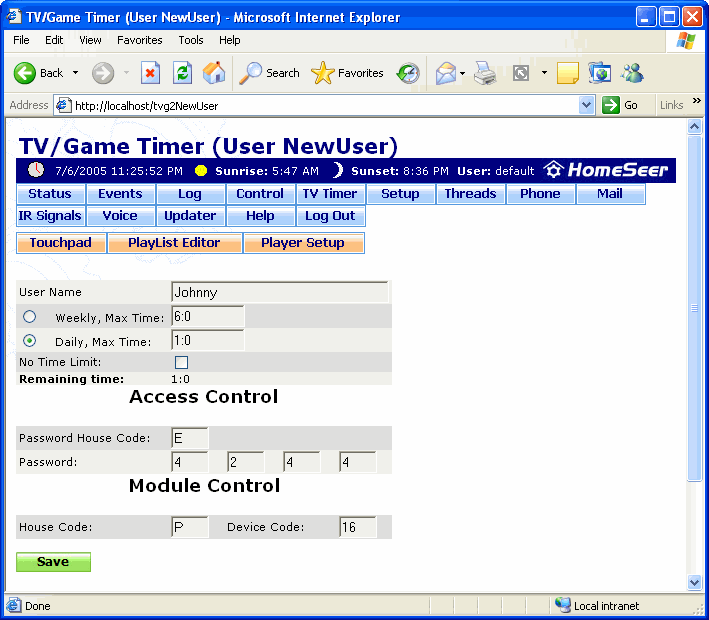 The TV/Game Timer User Screen