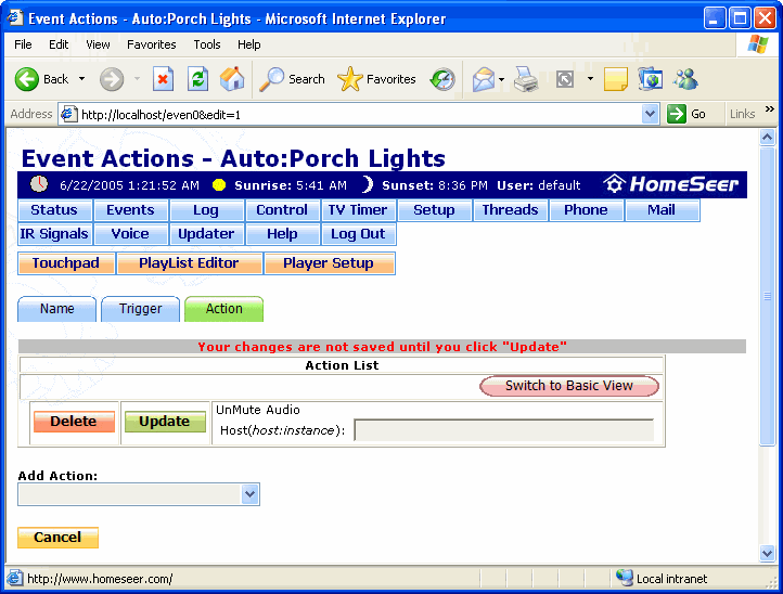 The Event Actions: UnMute Audio Action Screen