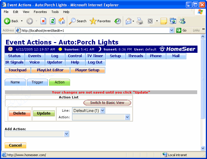 The Event Actions: Phone Control Action Screen