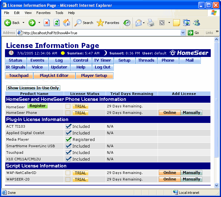 The License Information Page Screen